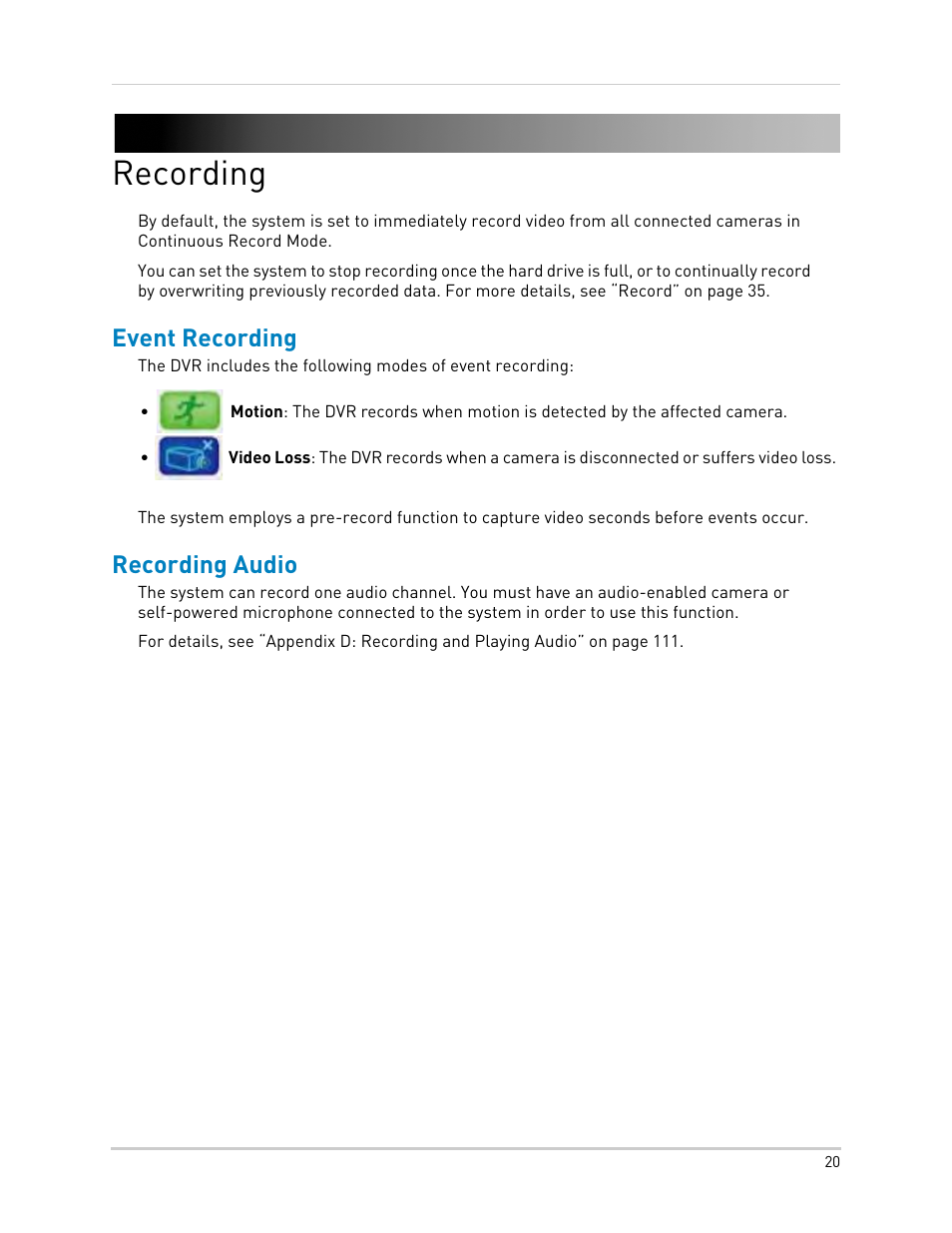 Recording, Event recording, Recording audio | Event recording recording audio | LOREX Technology LH330 EDGE2 User Manual | Page 38 / 144