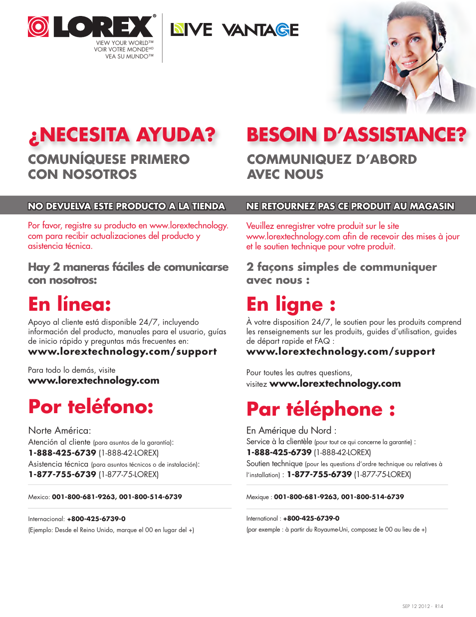 Necesita ayuda, Besoin d’assistance, Par téléphone | En ligne, Por teléfono, En línea, Comuníquese primero con nosotros, Communiquez d’abord avec nous | LOREX Technology LH330 EDGE2 User Manual | Page 4 / 144