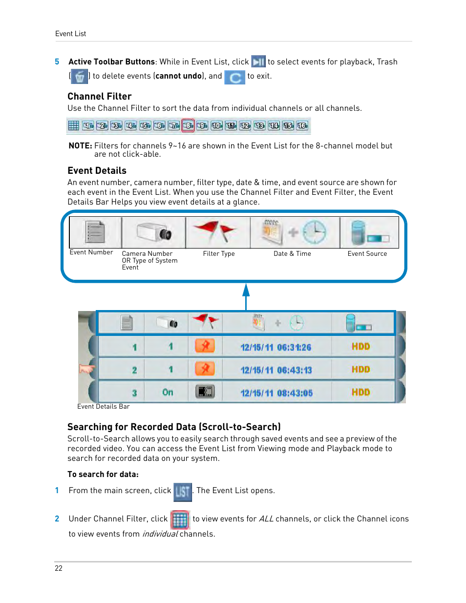 Channel filter, Event details, Searching for recorded data (scroll-to-search) | LOREX Technology LH330 EDGE2 User Manual | Page 40 / 144