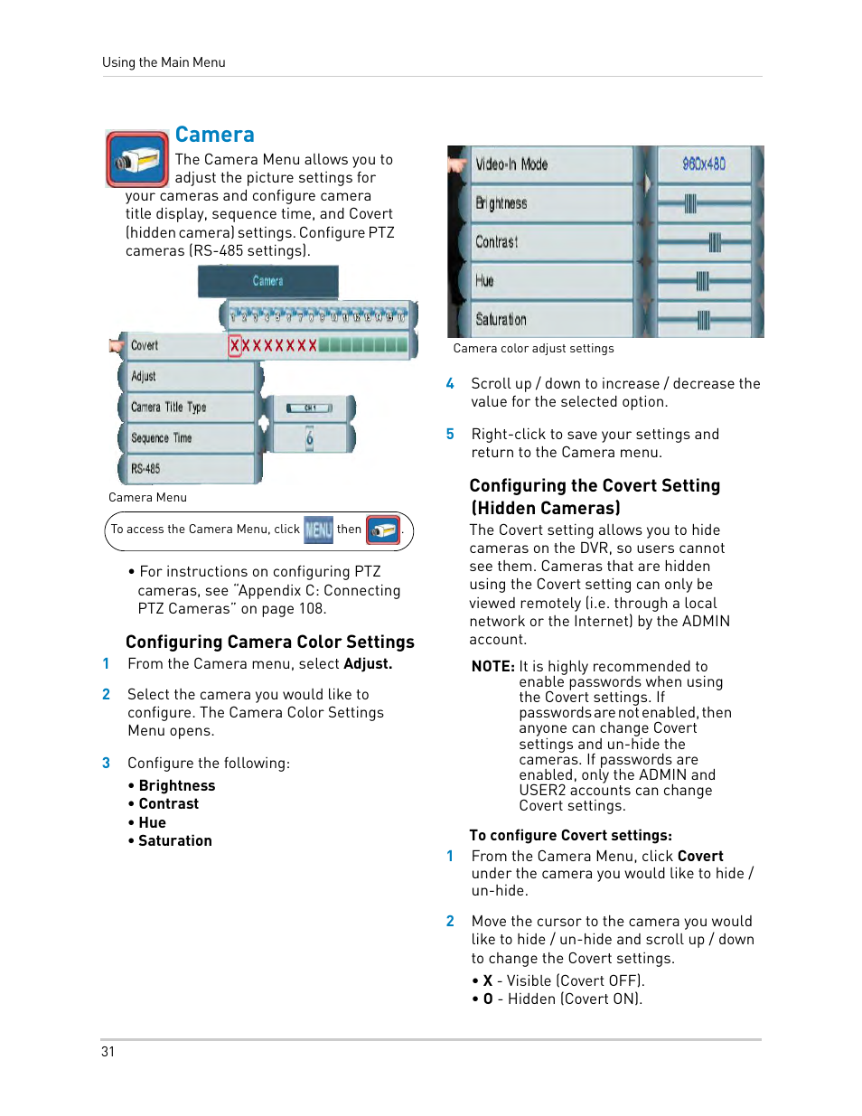 Camera, Configuring camera color settings, Configuring the covert setting (hidden cameras) | LOREX Technology LH330 EDGE2 User Manual | Page 49 / 144