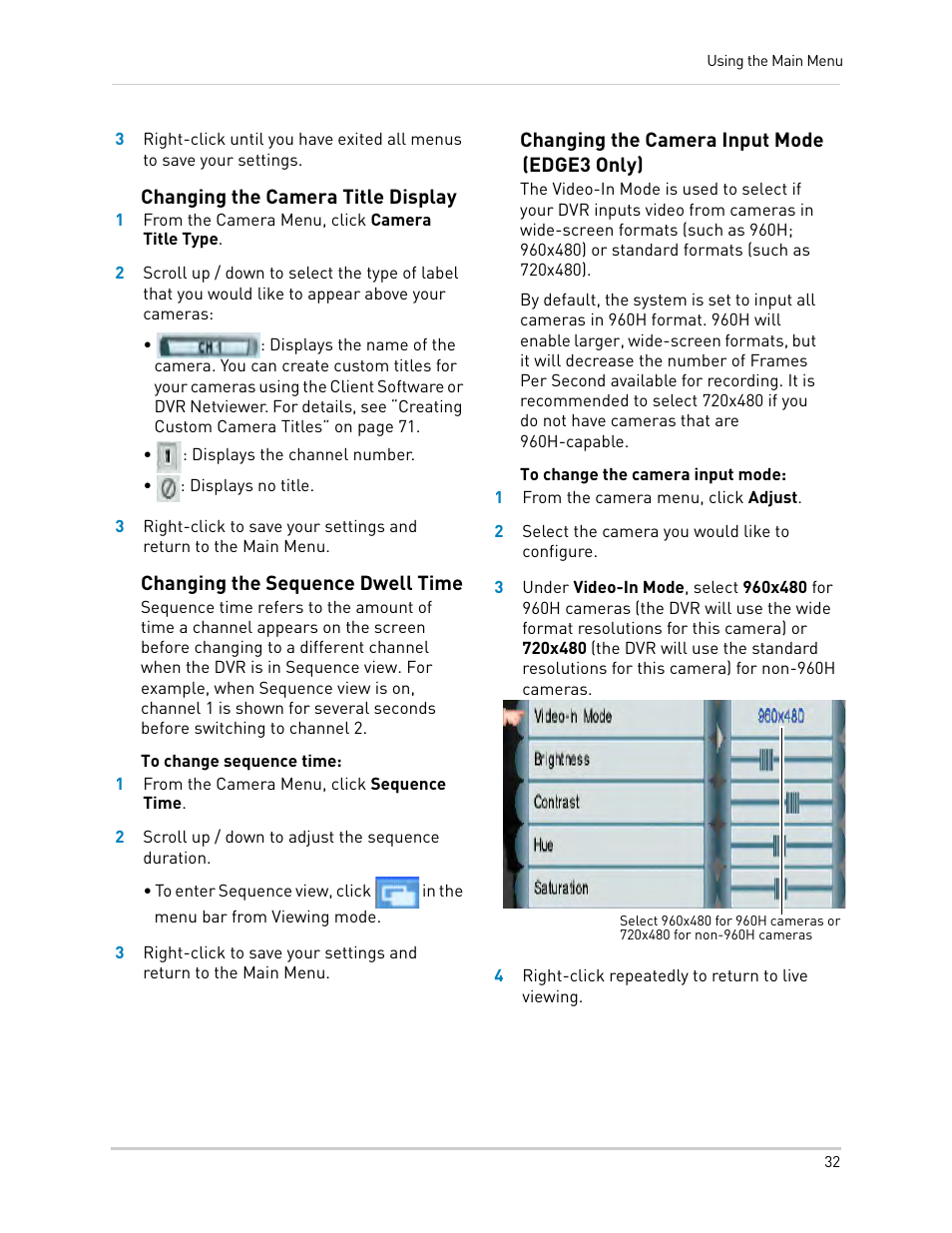 Changing the camera title display, Changing the sequence dwell time, Changing the camera input mode (edge3 only) | LOREX Technology LH330 EDGE2 User Manual | Page 50 / 144