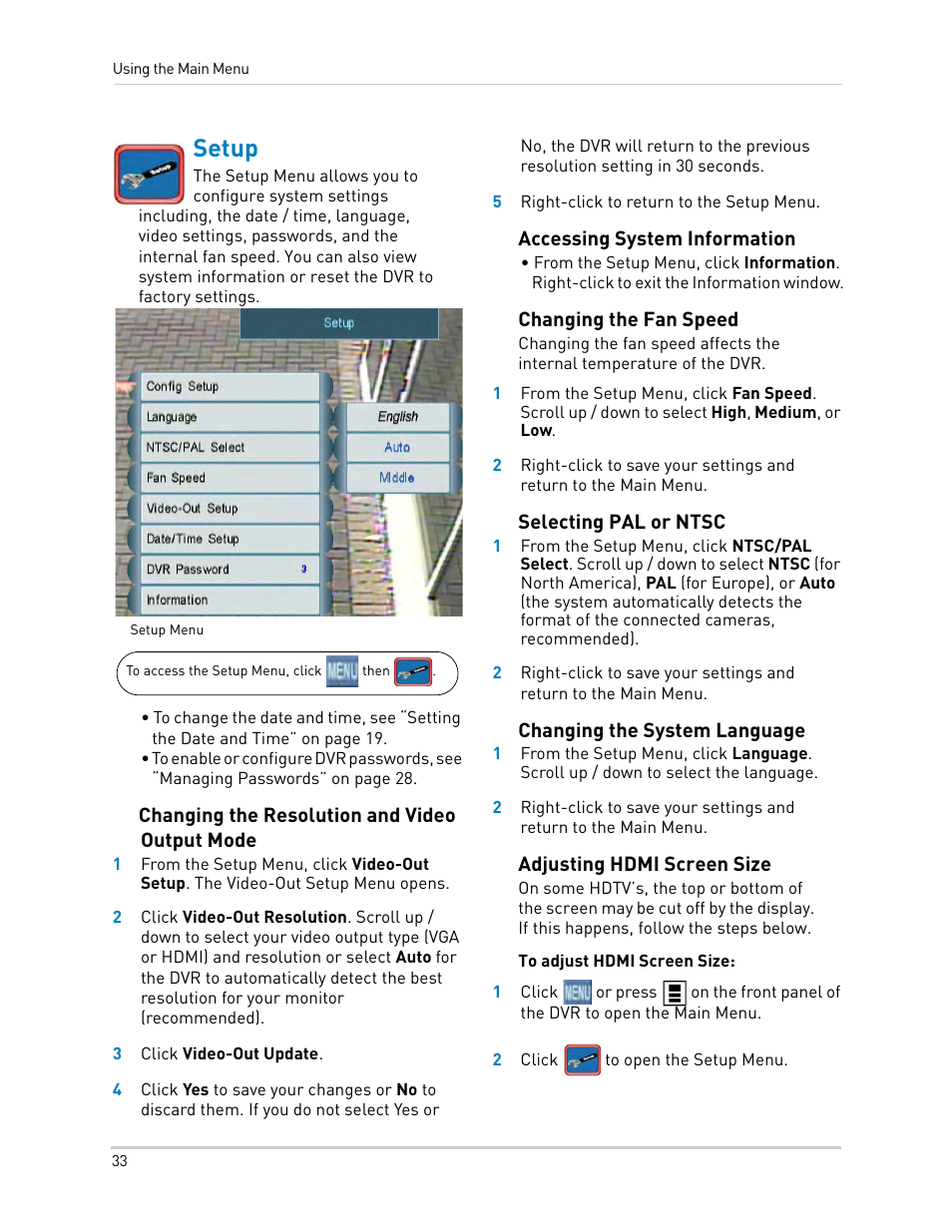 Setup, Changing the resolution and video output mode, Accessing system information | Changing the fan speed, Selecting pal or ntsc, Changing the system language, Adjusting hdmi screen size | LOREX Technology LH330 EDGE2 User Manual | Page 51 / 144