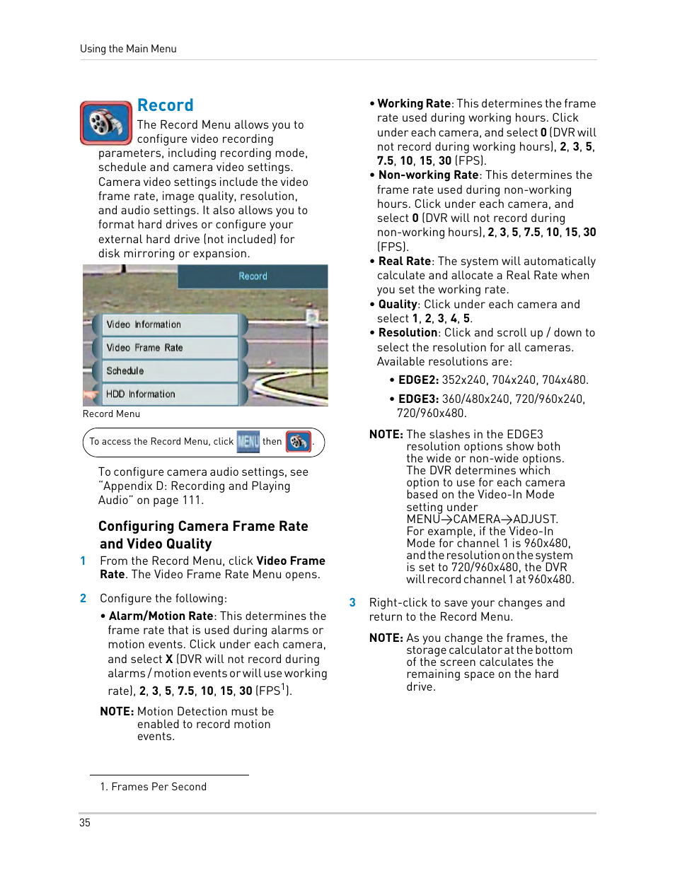 Record, Configuring camera frame rate and video quality | LOREX Technology LH330 EDGE2 User Manual | Page 53 / 144