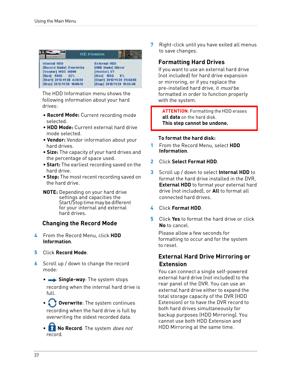 Changing the record mode, Formatting hard drives, External hard drive mirroring or extension | LOREX Technology LH330 EDGE2 User Manual | Page 55 / 144