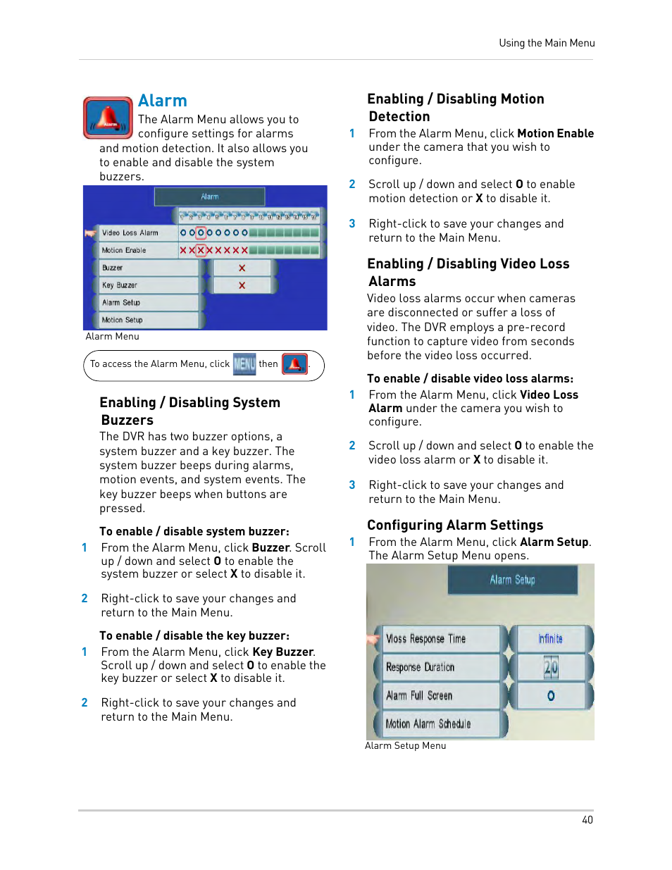 Alarm, Enabling / disabling system buzzers, Enabling / disabling motion detection | Enabling / disabling video loss alarms, Configuring alarm settings | LOREX Technology LH330 EDGE2 User Manual | Page 58 / 144
