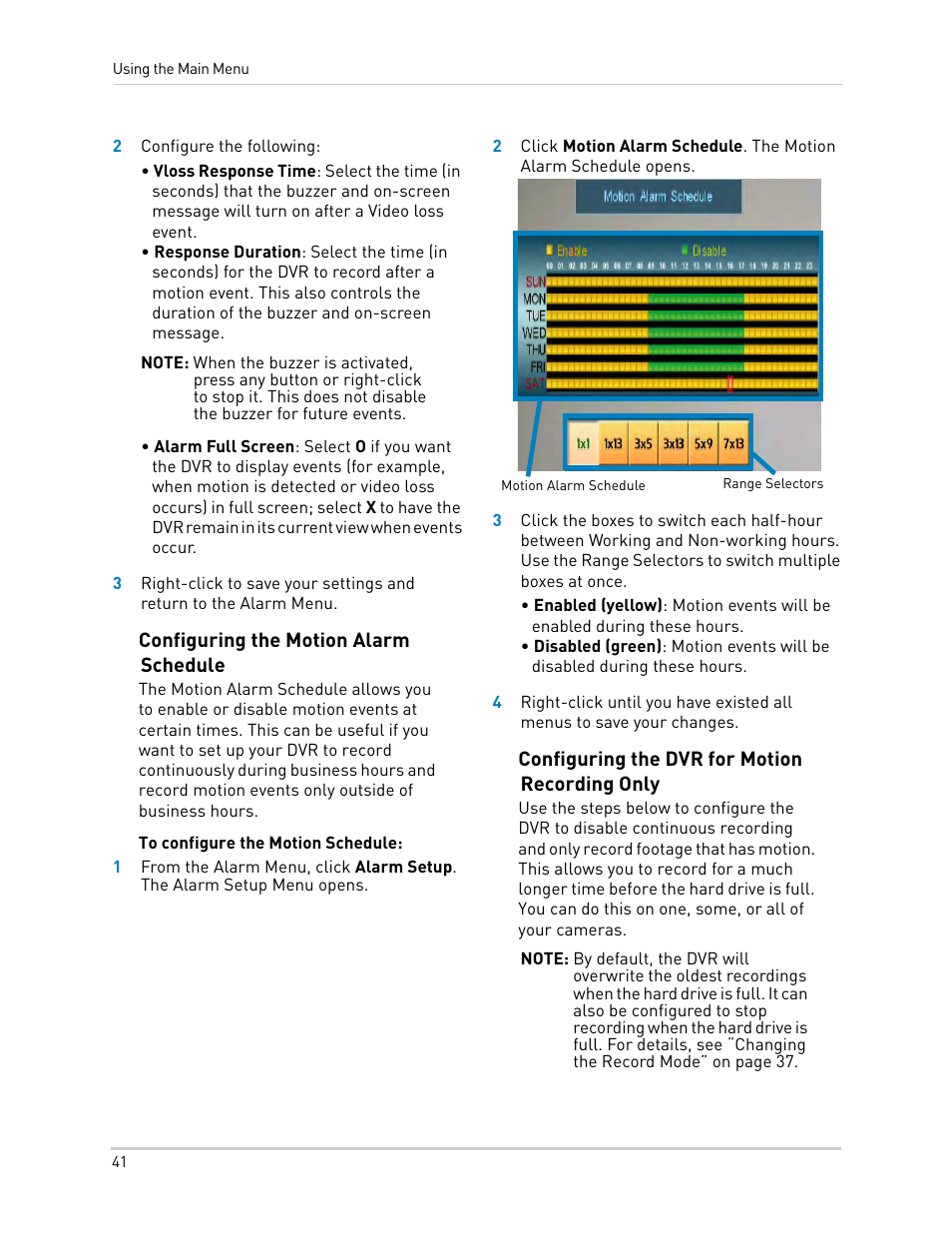 Configuring the motion alarm schedule, Configuring the dvr for motion recording only | LOREX Technology LH330 EDGE2 User Manual | Page 59 / 144