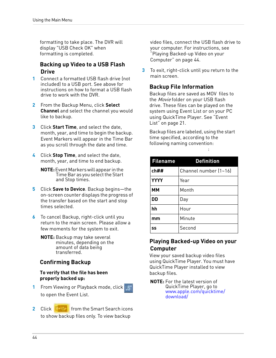 Backing up video to a usb flash drive, Confirming backup, Backup file information | Playing backed-up video on your computer | LOREX Technology LH330 EDGE2 User Manual | Page 62 / 144