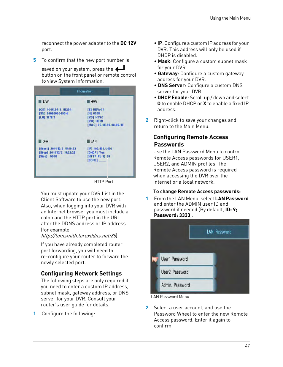 Configuring network settings, Configuring remote access passwords | LOREX Technology LH330 EDGE2 User Manual | Page 65 / 144