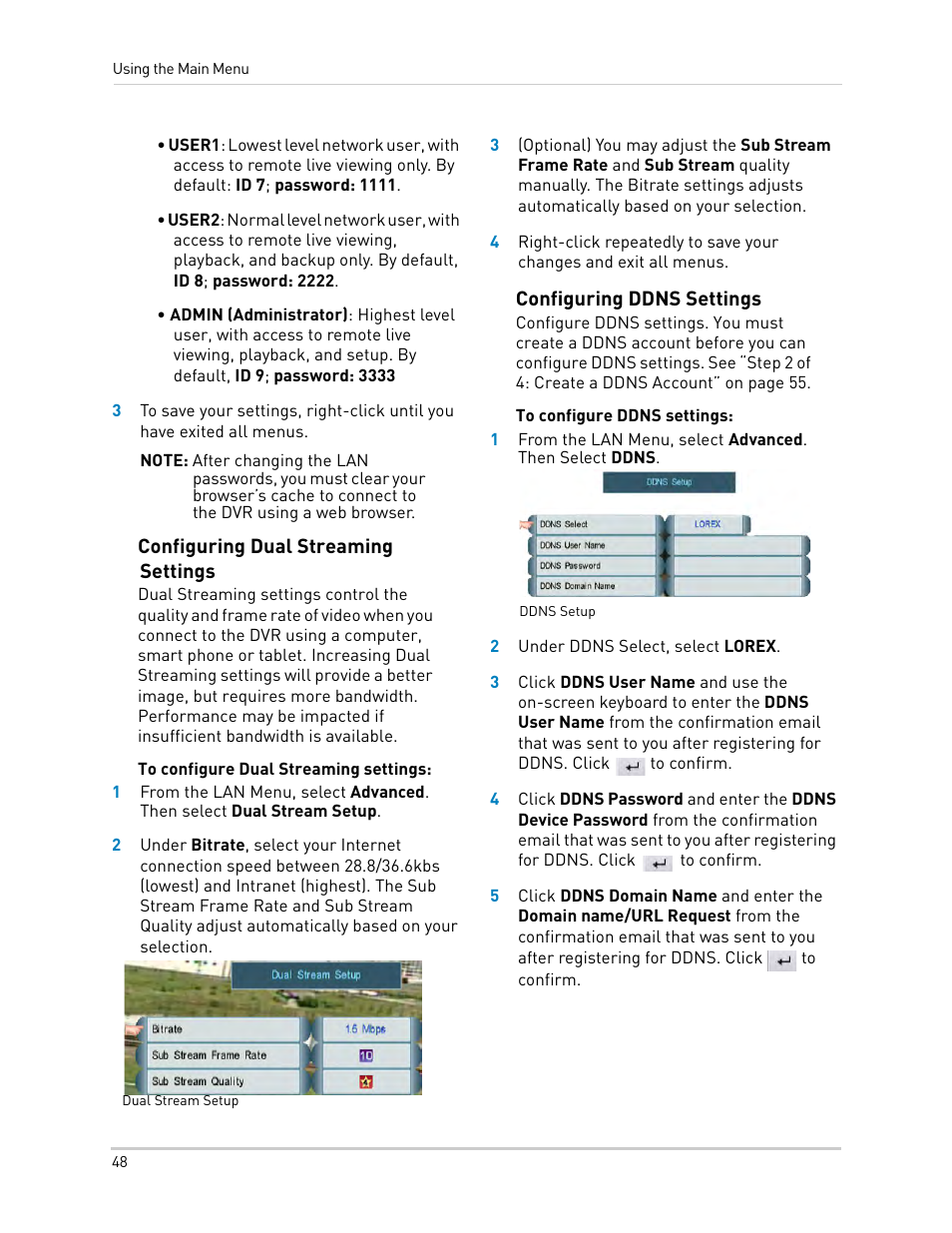 Configuring dual streaming settings, Configuring ddns settings | LOREX Technology LH330 EDGE2 User Manual | Page 66 / 144