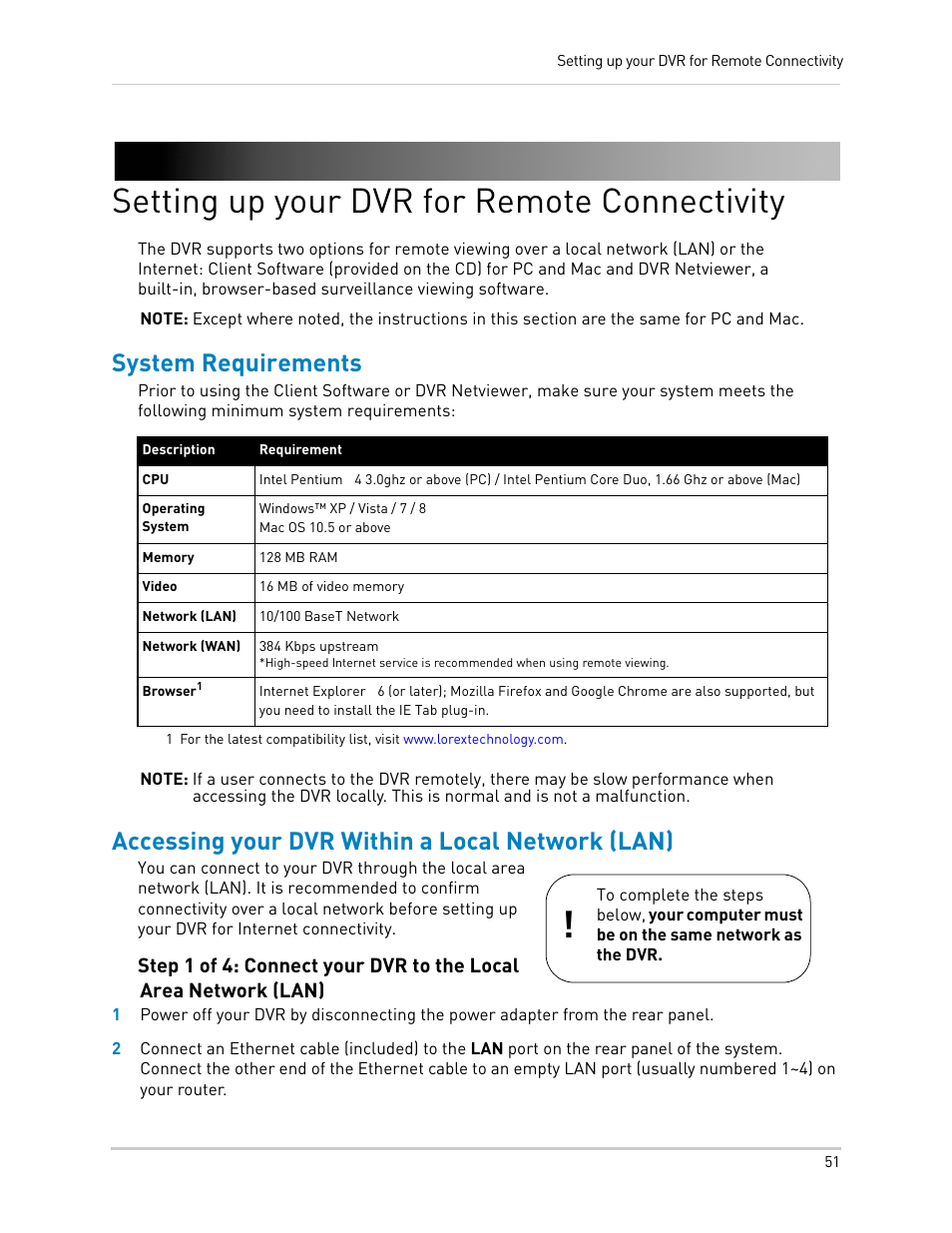 Setting up your dvr for remote connectivity, System requirements, Accessing your dvr within a local network (lan) | LOREX Technology LH330 EDGE2 User Manual | Page 69 / 144