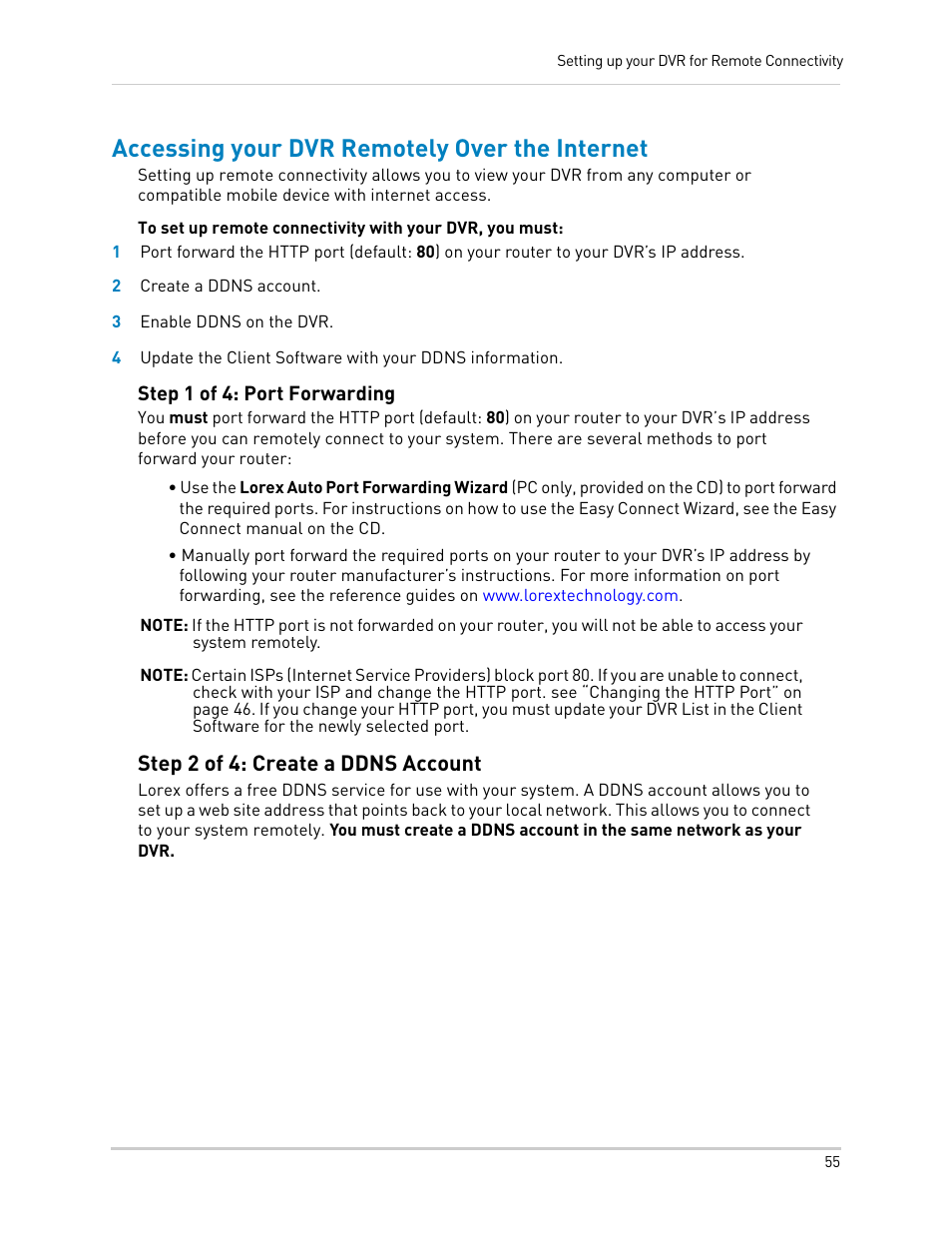 Accessing your dvr remotely over the internet, Step 1 of 4: port forwarding, Step 2 of 4: create a ddns account | LOREX Technology LH330 EDGE2 User Manual | Page 73 / 144
