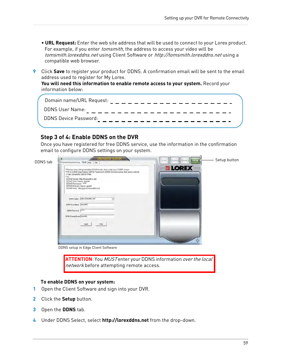 Step 3 of 4: enable ddns on the dvr | LOREX Technology LH330 EDGE2 User Manual | Page 77 / 144
