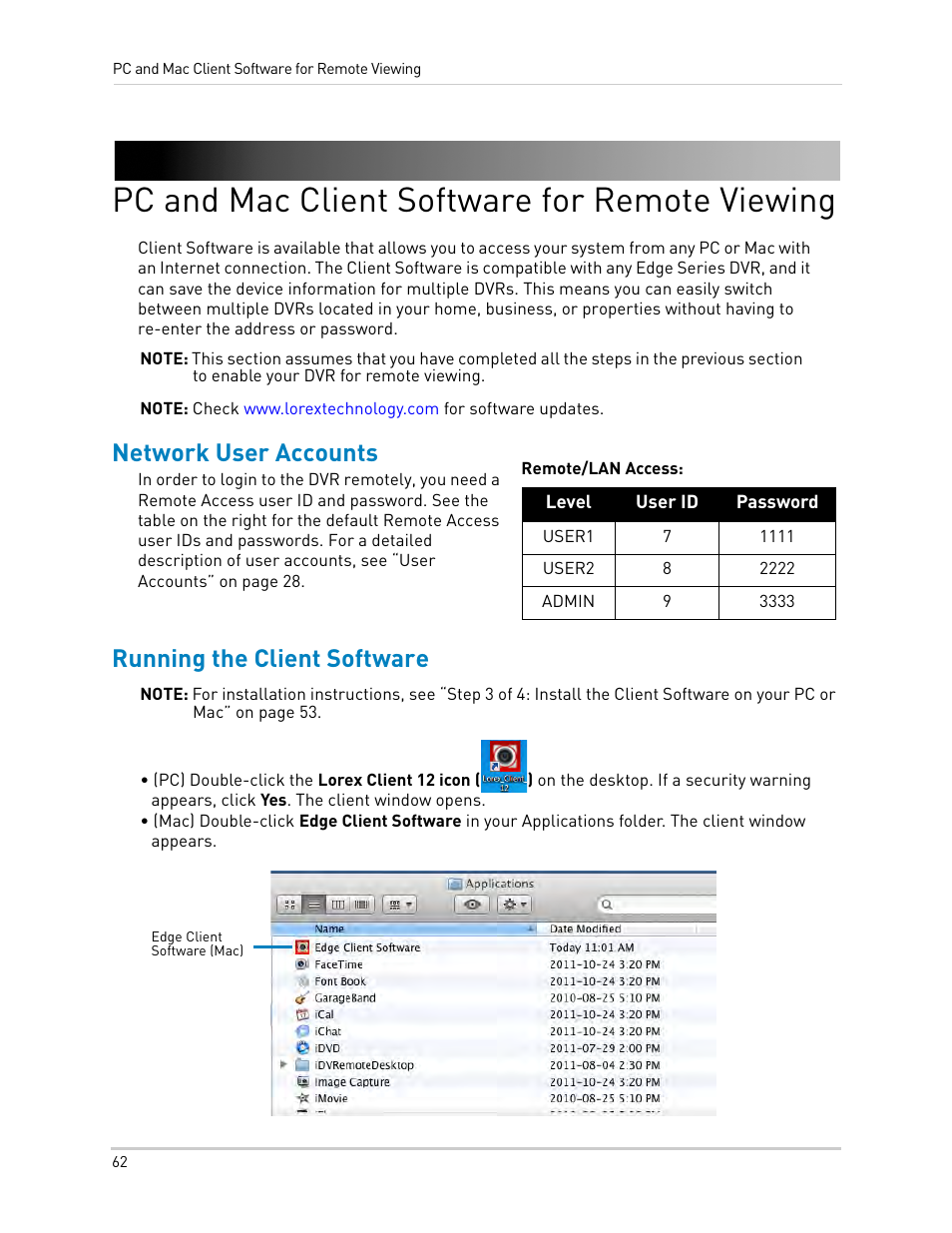 Pc and mac client software for remote viewing, Network user accounts, Running the client software | Network user accounts running the client software | LOREX Technology LH330 EDGE2 User Manual | Page 80 / 144