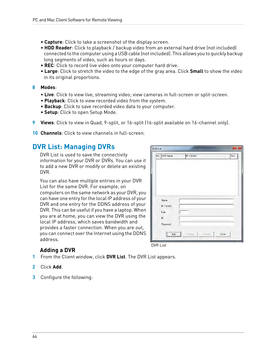 Dvr list: managing dvrs, Adding a dvr | LOREX Technology LH330 EDGE2 User Manual | Page 82 / 144
