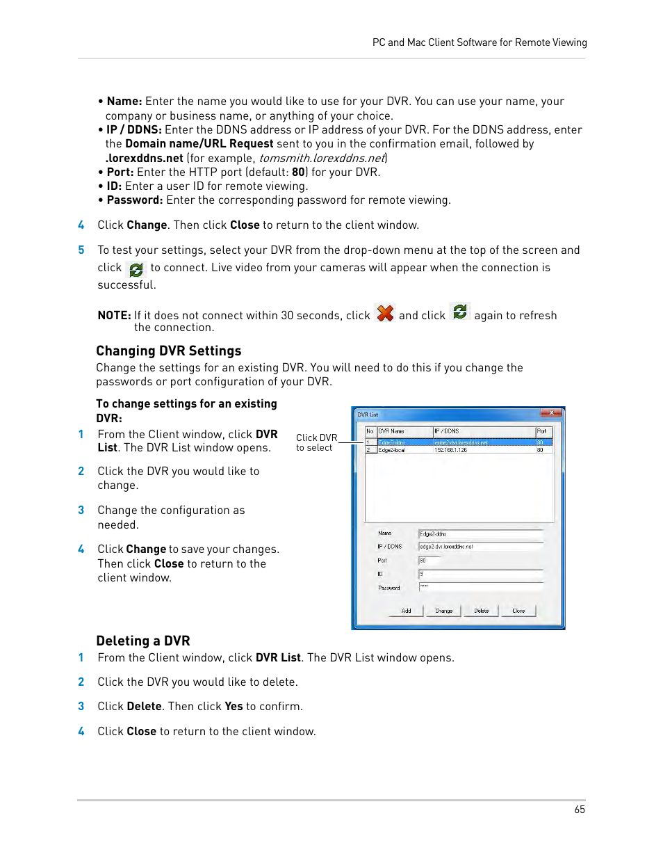 Changing dvr settings, Deleting a dvr, Changing dvr settings deleting a dvr | LOREX Technology LH330 EDGE2 User Manual | Page 83 / 144