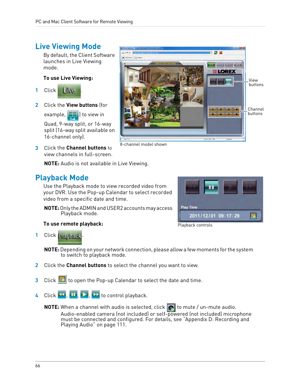 Live viewing mode, Playback mode, Live viewing mode playback mode | Playback, Mode | LOREX Technology LH330 EDGE2 User Manual | Page 84 / 144