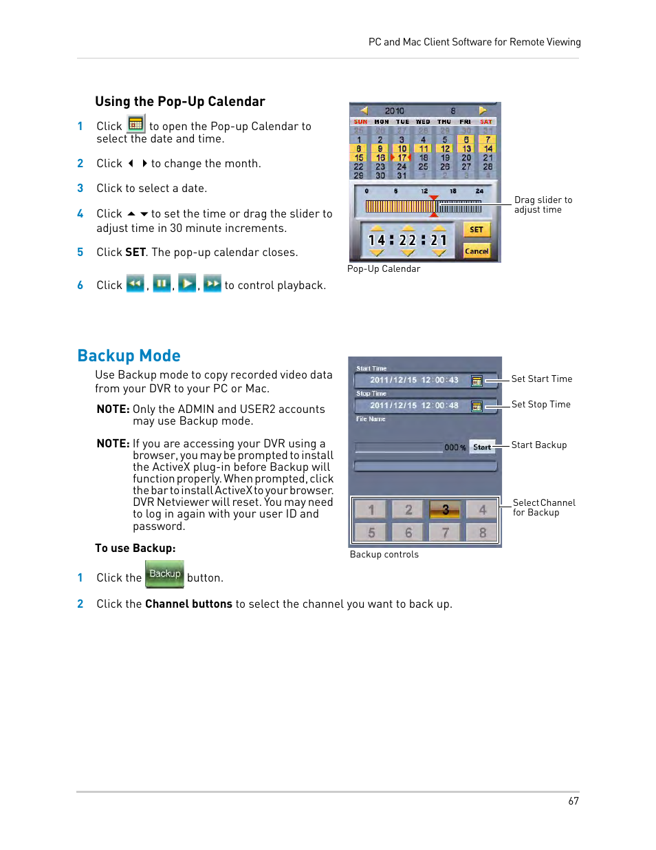 Using the pop-up calendar, Backup mode, Backup | Mode | LOREX Technology LH330 EDGE2 User Manual | Page 85 / 144