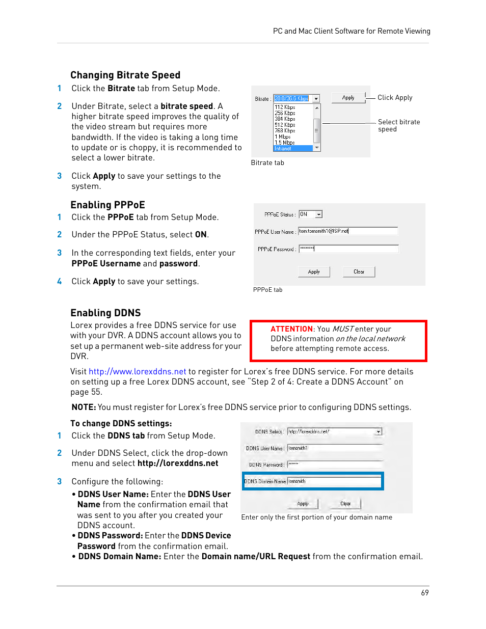 Changing bitrate speed, Enabling pppoe, Enabling ddns | LOREX Technology LH330 EDGE2 User Manual | Page 87 / 144