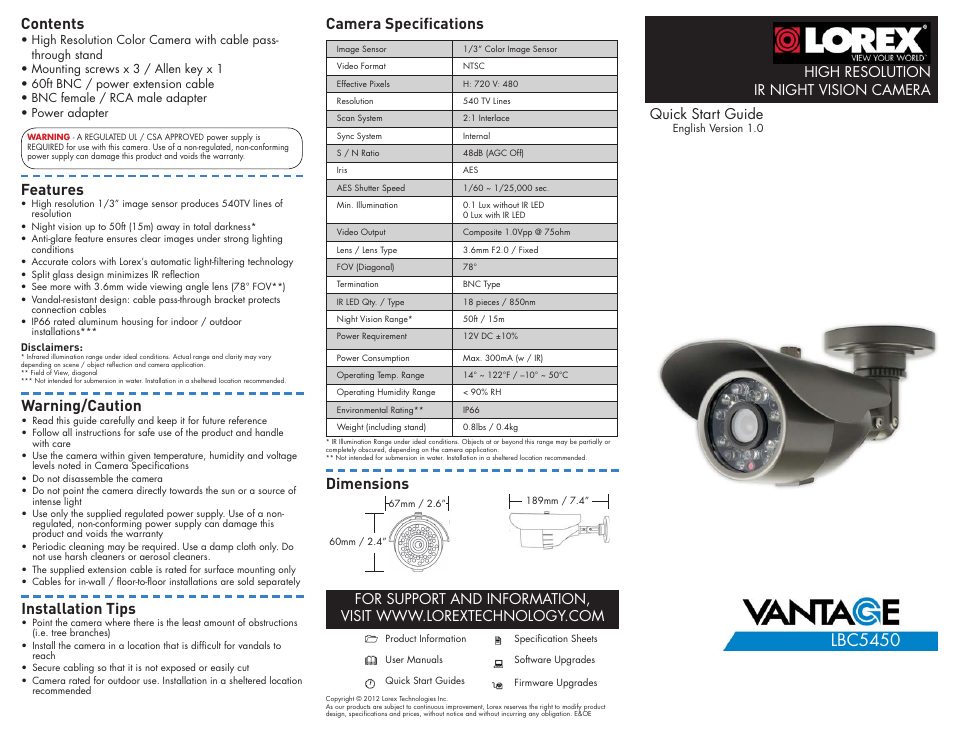 LOREX Technology Lorex High Resolution R Night Vision Camera LBC5450 User Manual | 2 pages