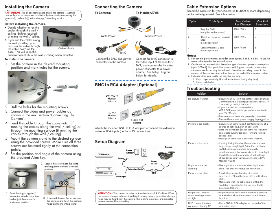 Bnc to rca adapter (optional), Setup diagram, Troubleshooting | LOREX Technology Lorex High Resolution R Night Vision Camera LBC5450 User Manual | Page 2 / 2