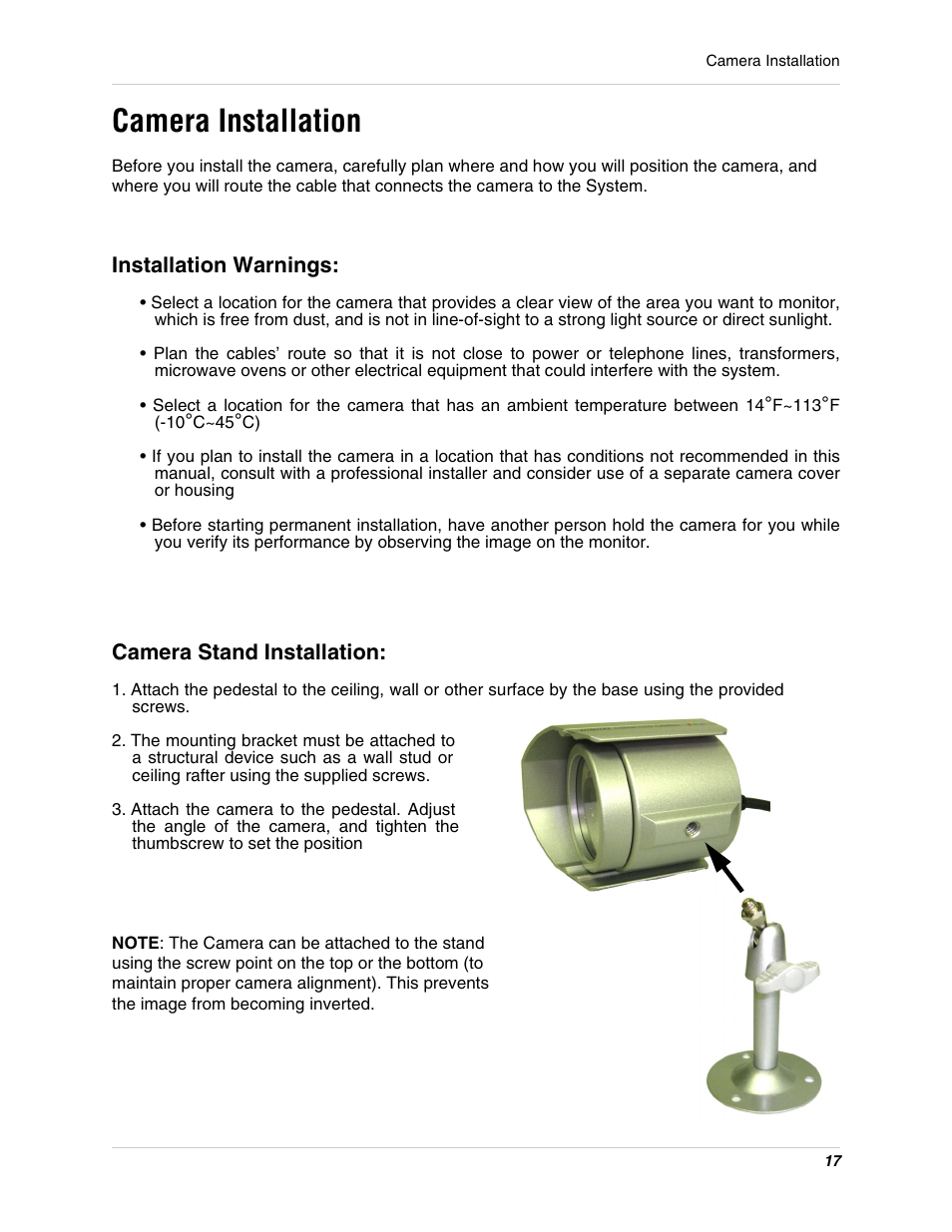 Camera installation - 19, Installation warnings: camera stand installation, Camera installation | LOREX Technology L15LD400 User Manual | Page 17 / 59