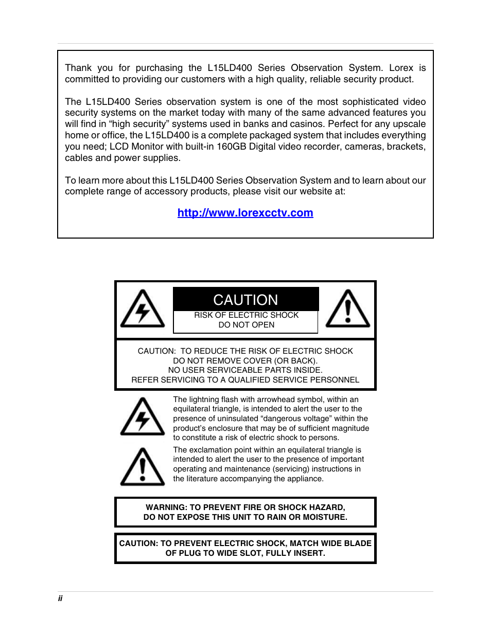 Caution | LOREX Technology L15LD400 User Manual | Page 2 / 59