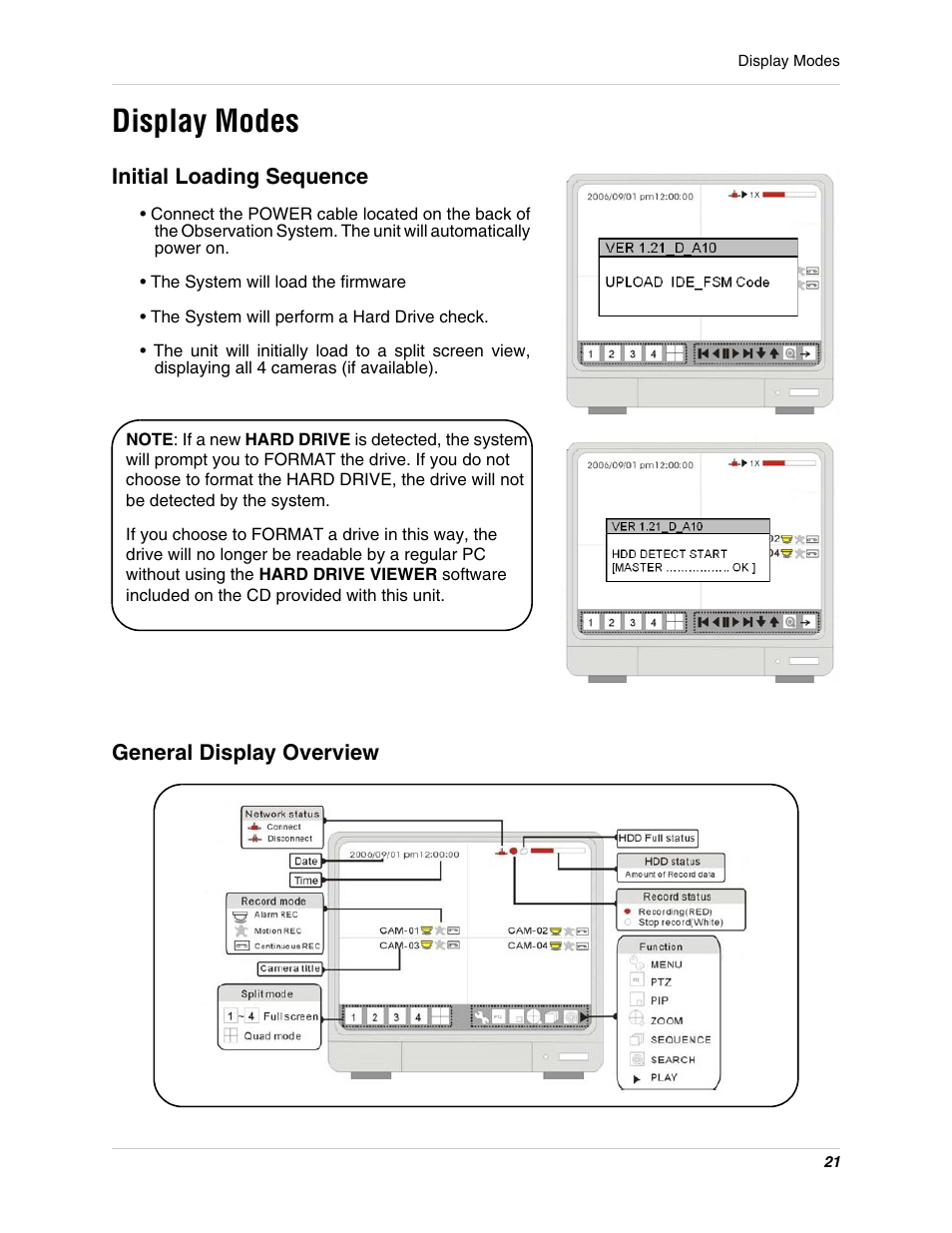 Display modes - 22, Initial loading sequence general display overview, Display modes | LOREX Technology L15LD400 User Manual | Page 21 / 59