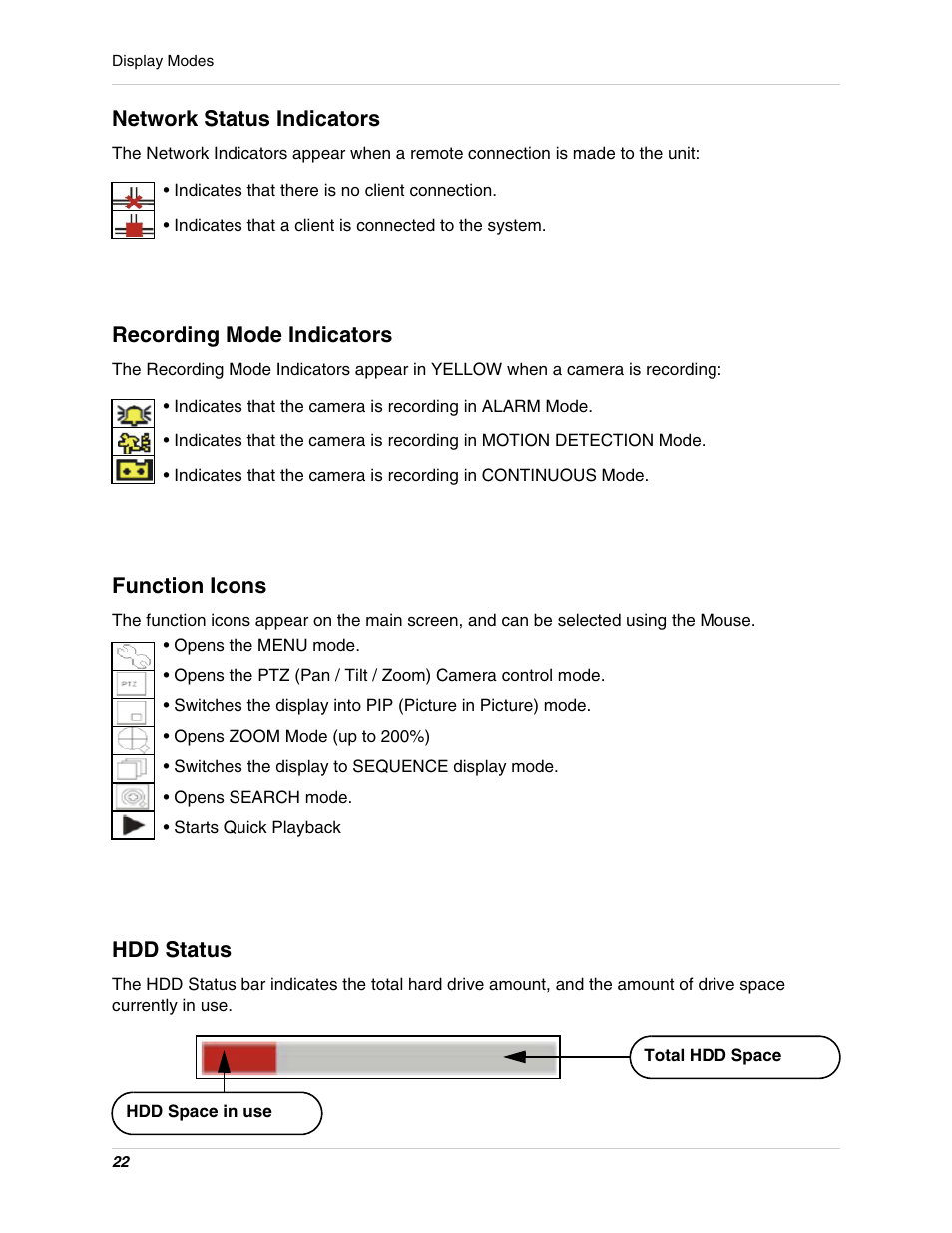 Network status indicators, Recording mode indicators, Function icons | Hdd status | LOREX Technology L15LD400 User Manual | Page 22 / 59