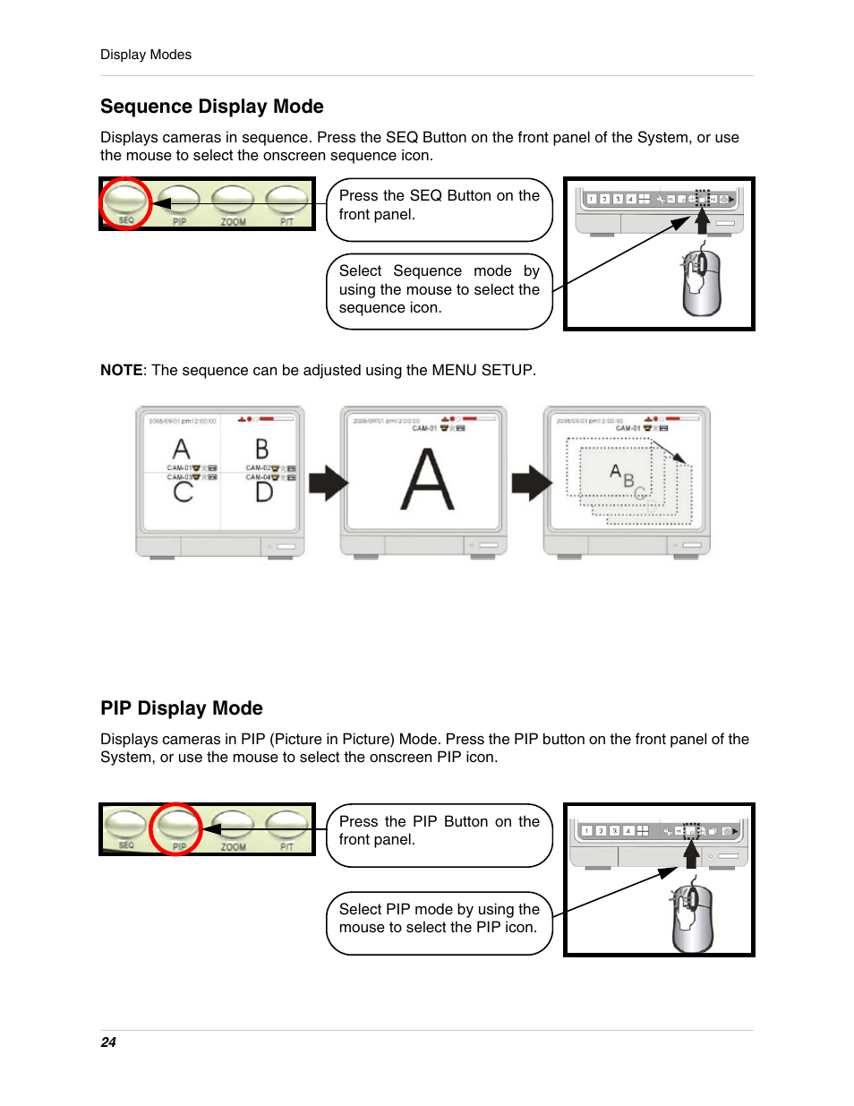 Sequence display mode pip display mode, Sequence display mode, Pip display mode | LOREX Technology L15LD400 User Manual | Page 24 / 59