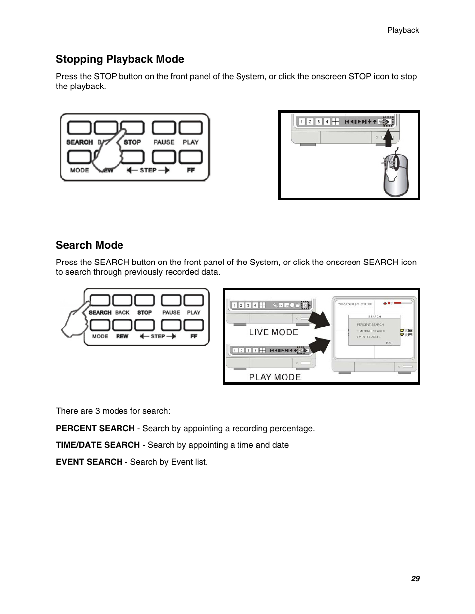 Stopping playback mode search mode, Stopping playback mode, Search mode | LOREX Technology L15LD400 User Manual | Page 29 / 59