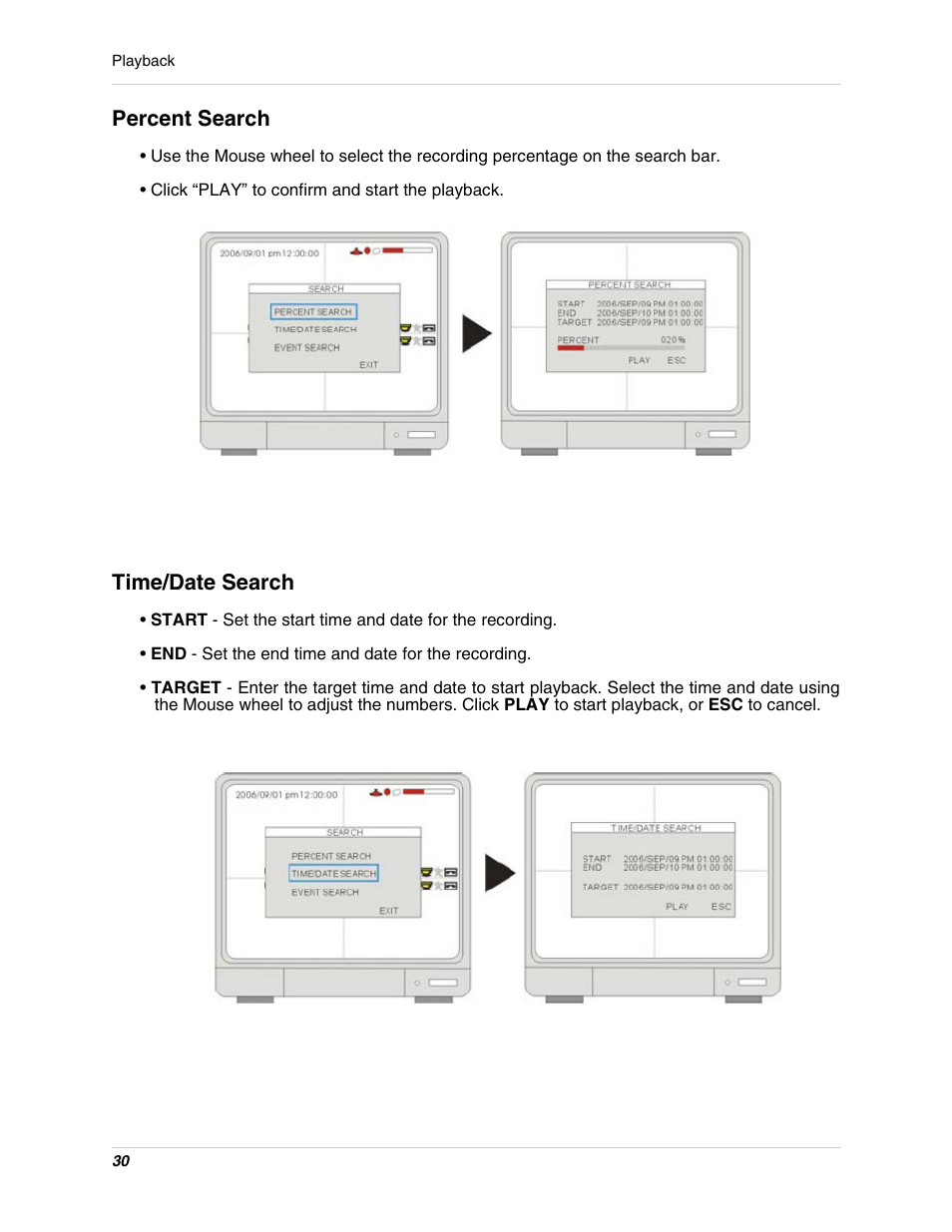 Percent search time/date search, Percent search, Time/date search | LOREX Technology L15LD400 User Manual | Page 30 / 59