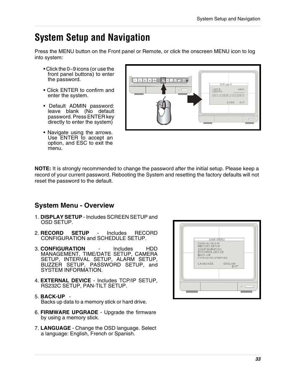 System menu - overview, System setup and navigation | LOREX Technology L15LD400 User Manual | Page 33 / 59