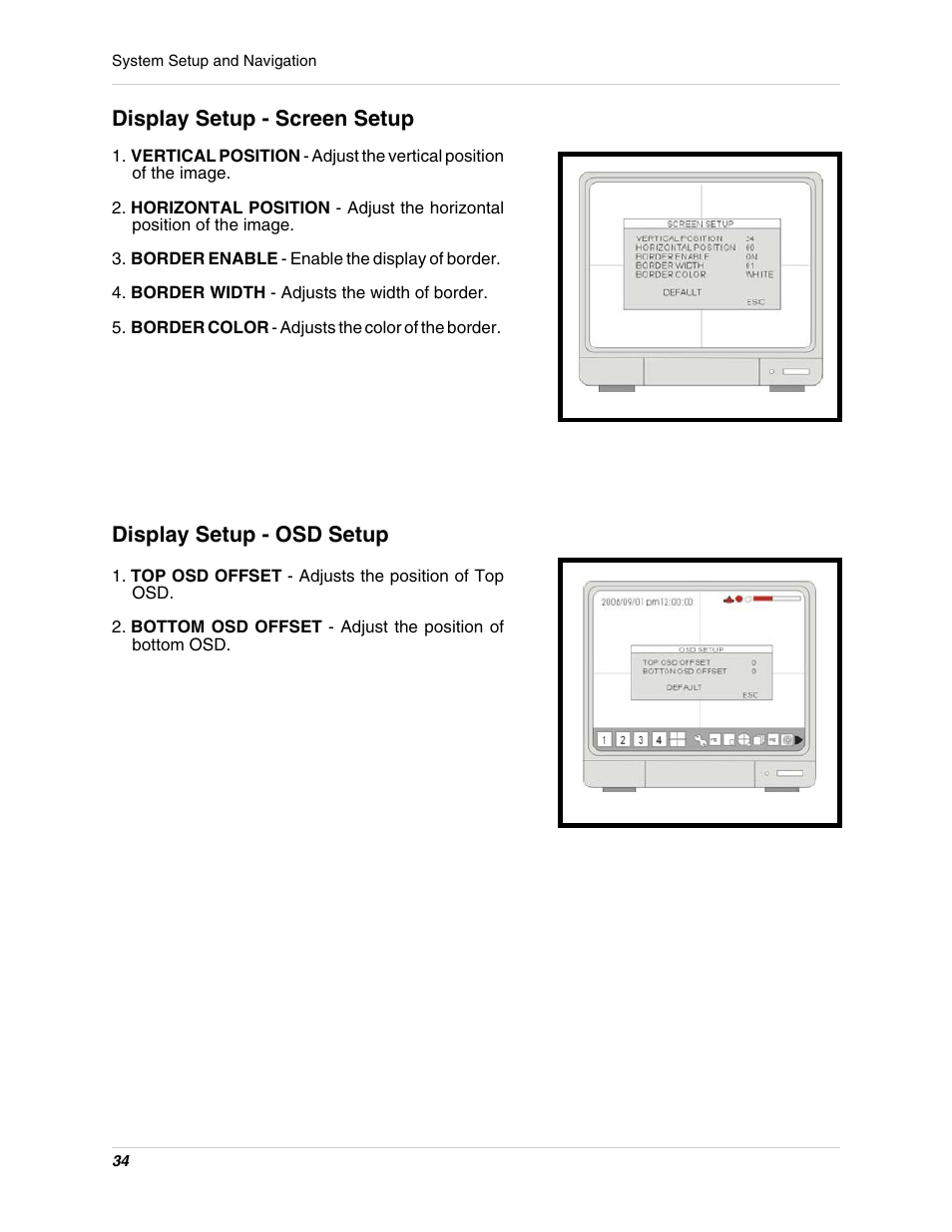 Display setup - screen setup, Display setup - osd setup | LOREX Technology L15LD400 User Manual | Page 34 / 59