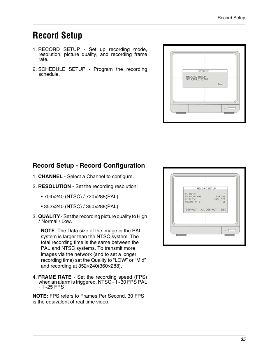 Record setup - 36, Record setup - record configuration, Record setup | LOREX Technology L15LD400 User Manual | Page 35 / 59