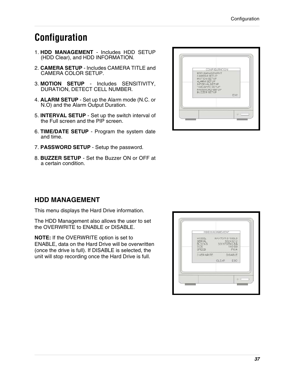 Hdd management, Configuration | LOREX Technology L15LD400 User Manual | Page 37 / 59