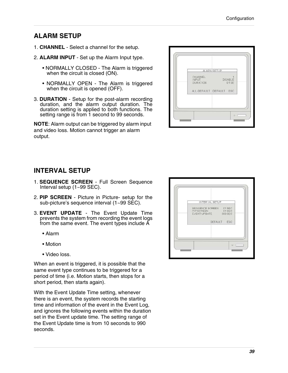 Alarm setup interval setup, Alarm setup, Interval setup | LOREX Technology L15LD400 User Manual | Page 39 / 59