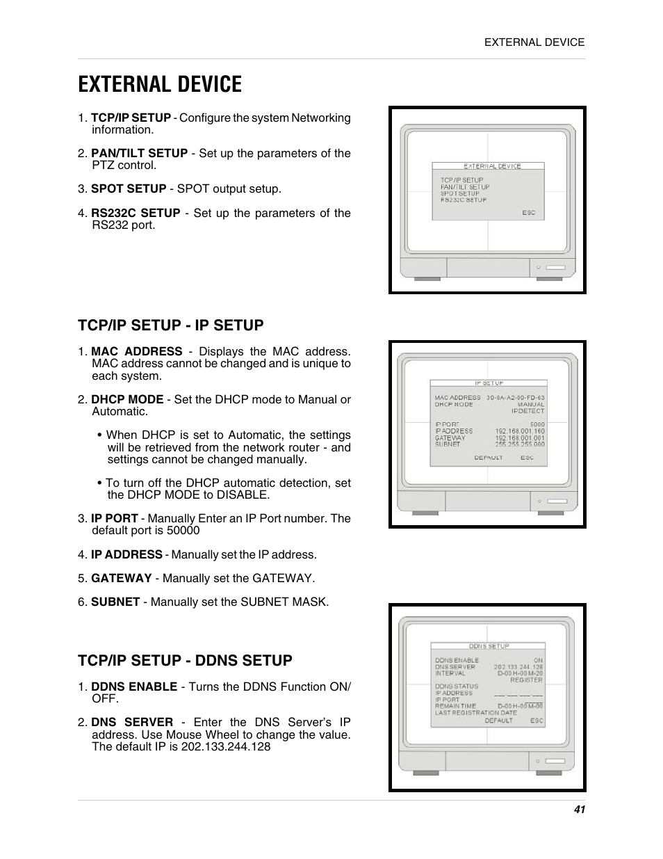 External device - 44, Tcp/ip setup - ip setup tcp/ip setup - ddns setup, External device | LOREX Technology L15LD400 User Manual | Page 41 / 59