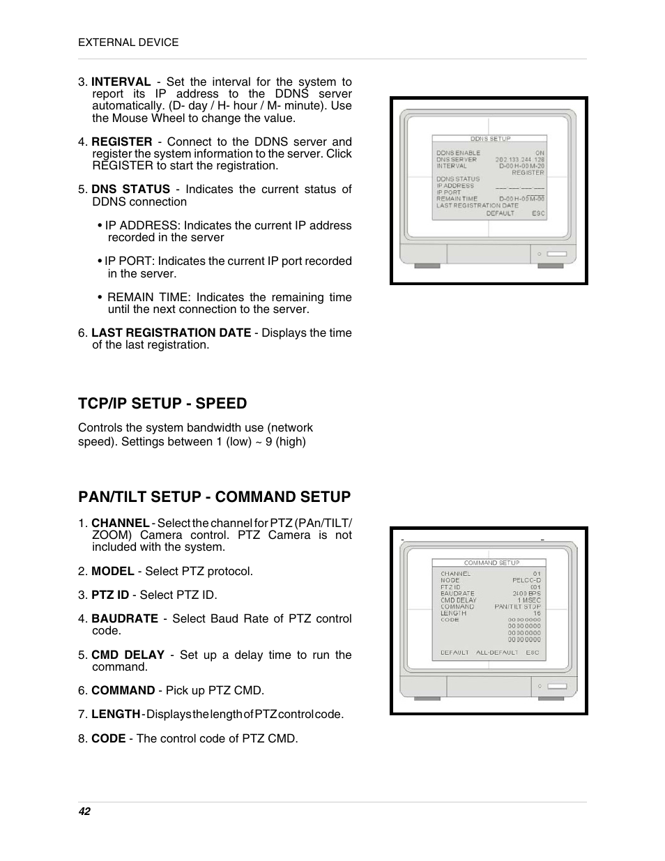 Tcp/ip setup - speed, Pan/tilt setup - command setup | LOREX Technology L15LD400 User Manual | Page 42 / 59