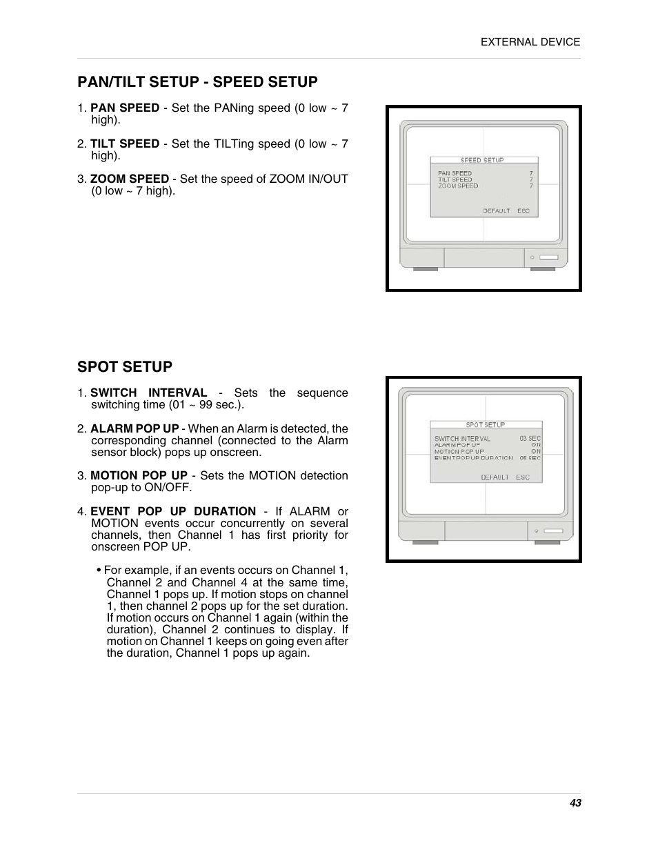 Pan/tilt setup - speed setup spot setup, Pan/tilt setup - speed setup, Spot setup | LOREX Technology L15LD400 User Manual | Page 43 / 59