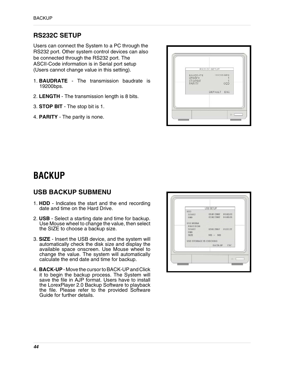 Rs232c setup, Backup, Usb backup submenu | LOREX Technology L15LD400 User Manual | Page 44 / 59