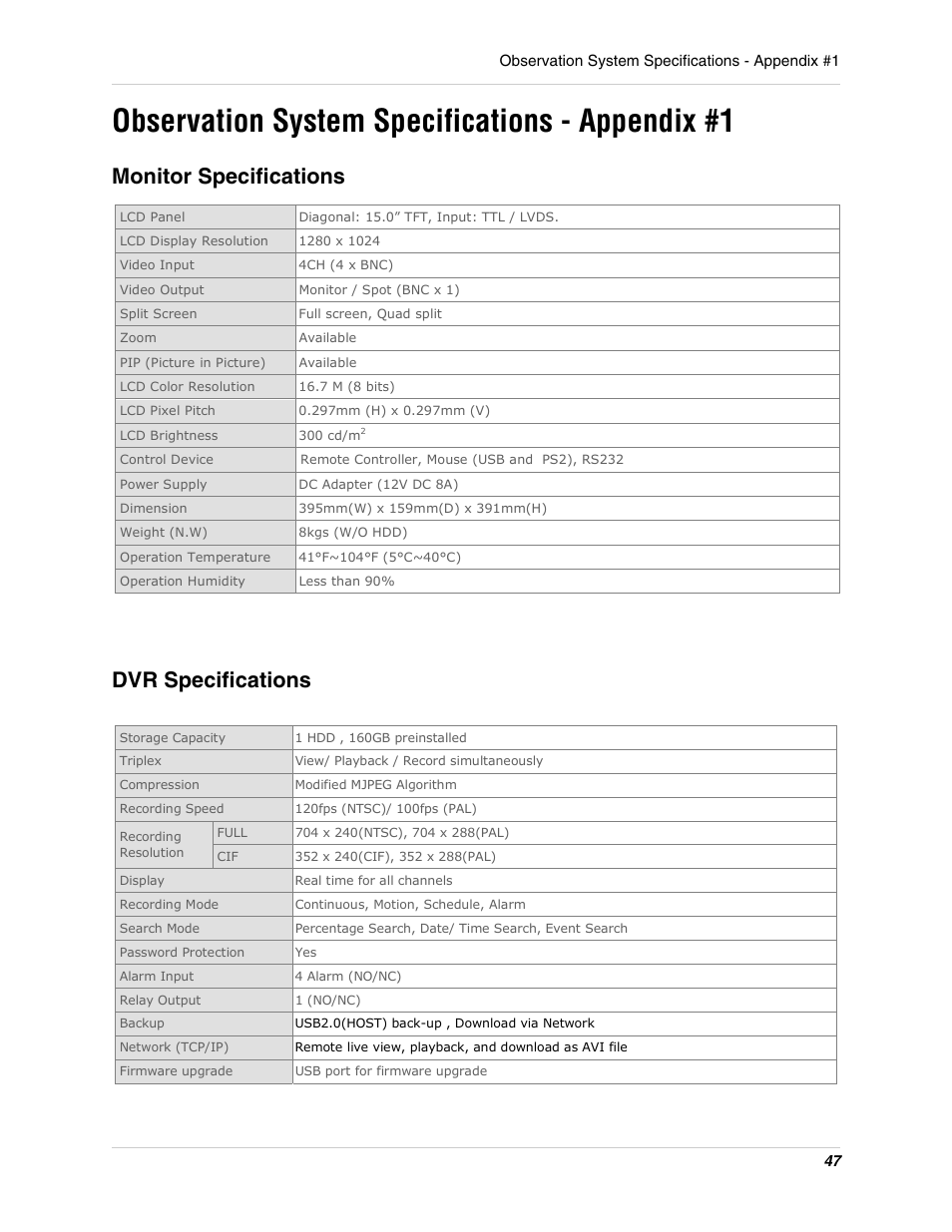 Observation system specifications - appendix #1, Monitor specifications dvr specifications | LOREX Technology L15LD400 User Manual | Page 47 / 59