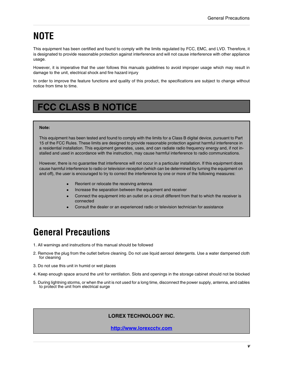 Fcc class b notice, General precautions | LOREX Technology L15LD400 User Manual | Page 5 / 59