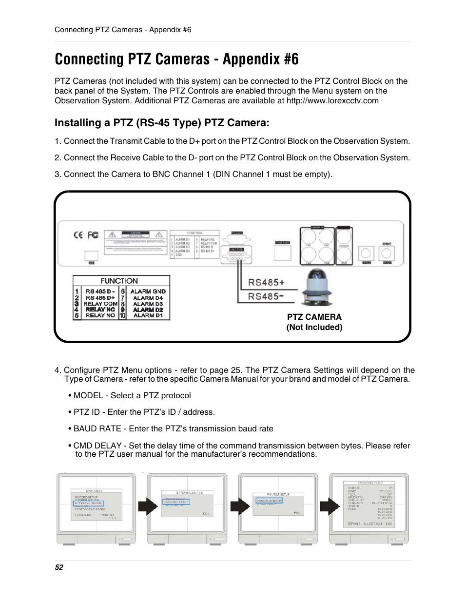 Connecting ptz cameras - appendix #6 | LOREX Technology L15LD400 User Manual | Page 52 / 59