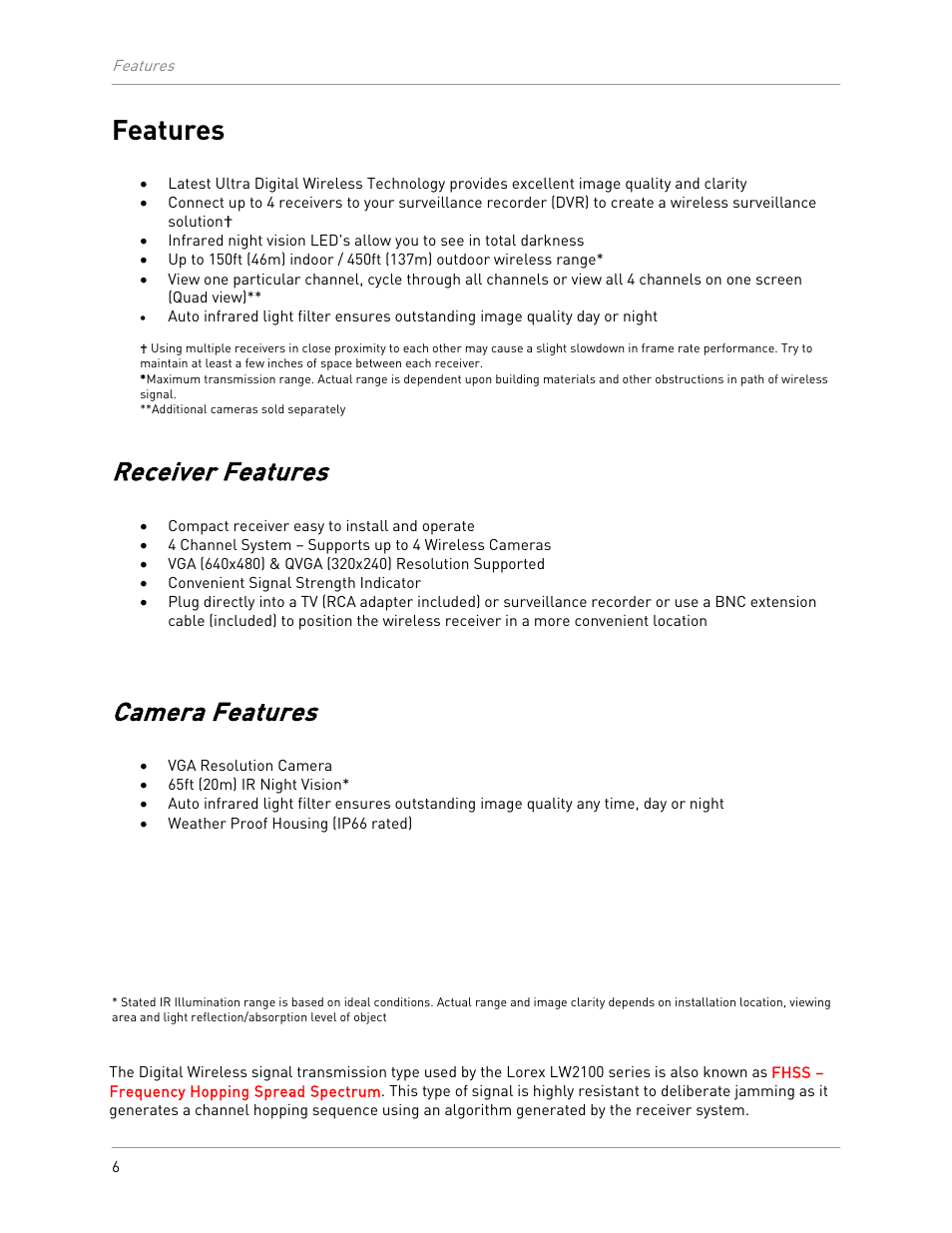 Features, Receiver features, Camera features | LOREX Technology LW2100 User Manual | Page 10 / 30