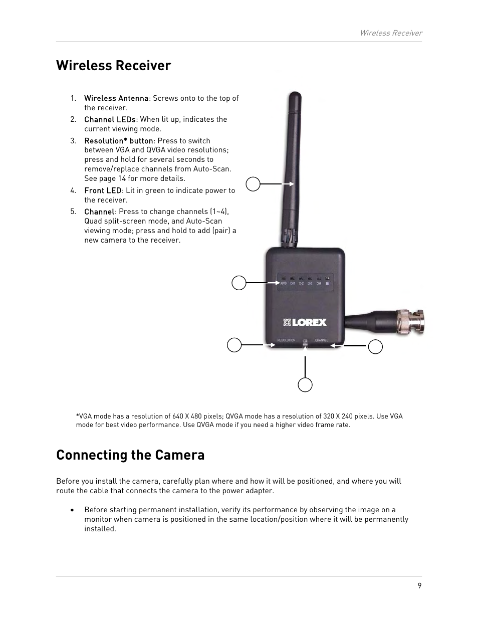 Wireless receiver, Connecting the camera | LOREX Technology LW2100 User Manual | Page 13 / 30