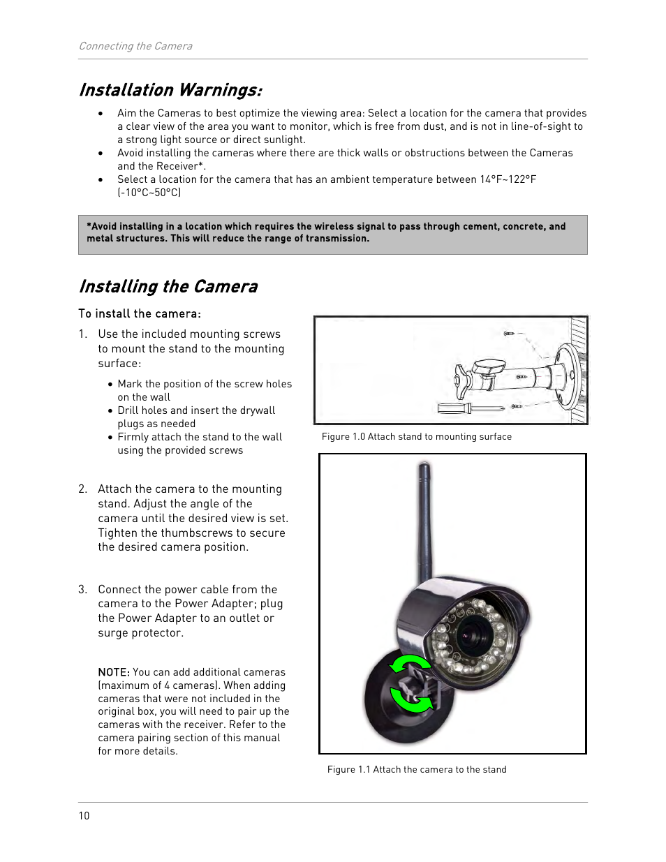 Installation warnings, Installing the camera | LOREX Technology LW2100 User Manual | Page 14 / 30