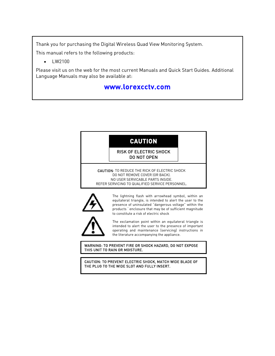 Caution | LOREX Technology LW2100 User Manual | Page 2 / 30