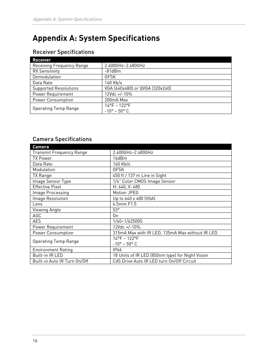 Appendix a: system specifications, Receiver specifications, Camera specifications | LOREX Technology LW2100 User Manual | Page 20 / 30