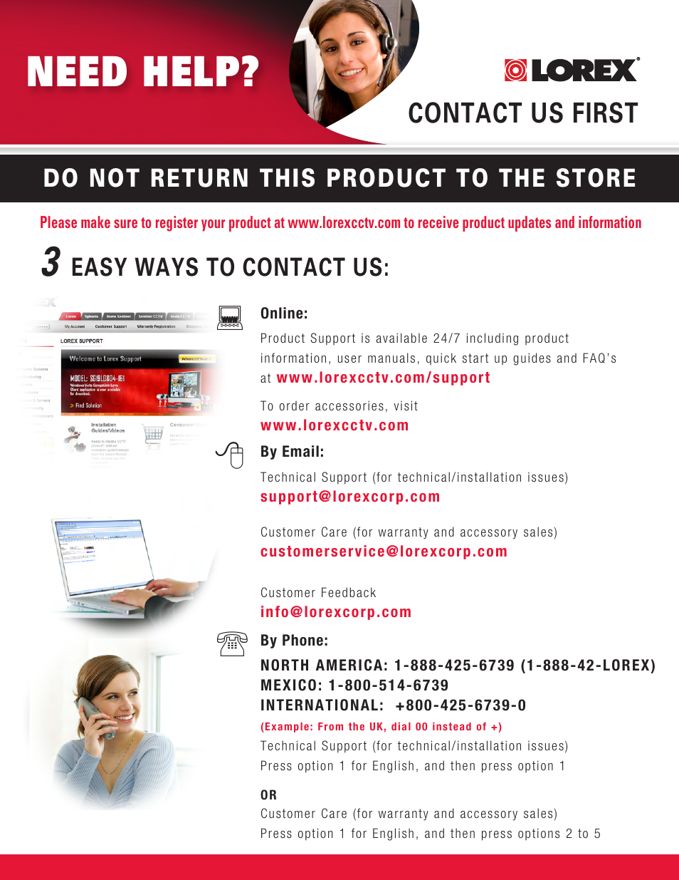 Need help, Contact us first, Do not return this product to the store | Easy ways to contact us | LOREX Technology LW2100 User Manual | Page 5 / 30