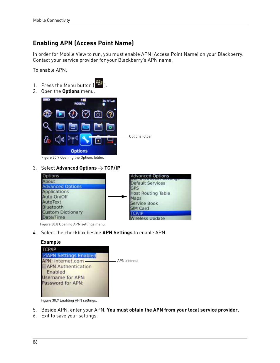 Enabling apn (access point name), Press the menu button (), Open the options menu | Options folder, Select advanced options > tcp/ip, Figure 30.8 opening apn settings menu, Apn address, Exit to save your settings | LOREX Technology NETWORK READY H.264 HIGH PERFORMANCE DIGITAL VIDEO SURVEILLANCE RECORDER LH300 Series User Manual | Page 100 / 130
